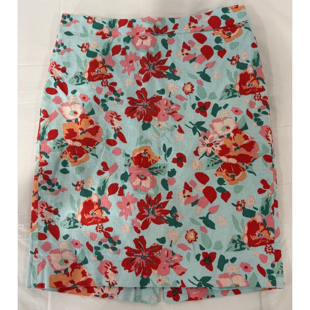 J. Crew Womens Size 4 Floral Pencil Skirt Aqua Red Basketweave Cotton Polyester